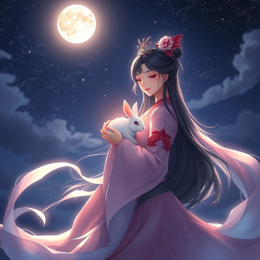 Anime Goddess Ascends to Radiant Moonlit Sky