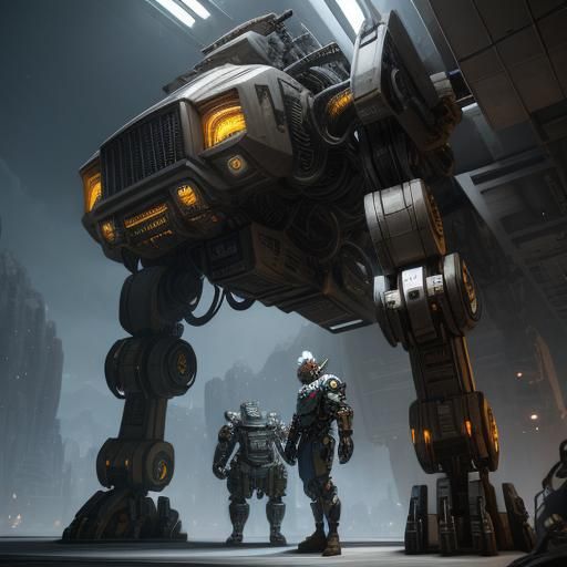 Satyr Mechanic and Bighorn Ram Mecha in Garage