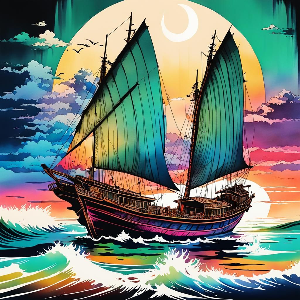 Vibrant Chinese Junk in Anime Style