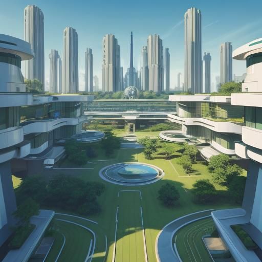 Utopian 1950s Housing Estate in Retro-Futuristic Style