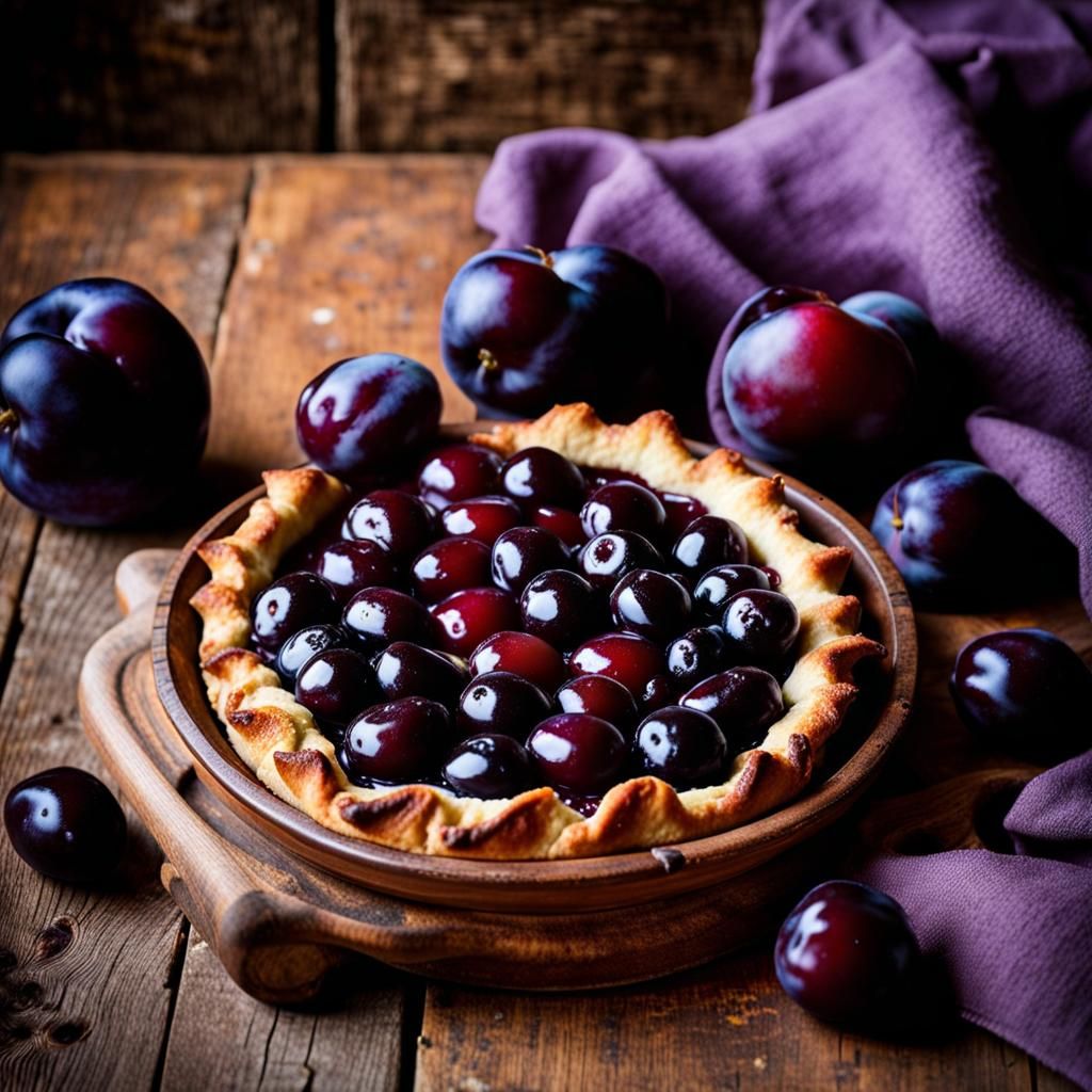 Fresh Italian plum jam crostata in a rustic terracotta dish ...