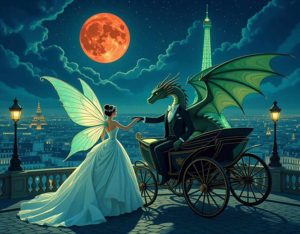Winged Fairy and Dragon in Belle Epoque Paris