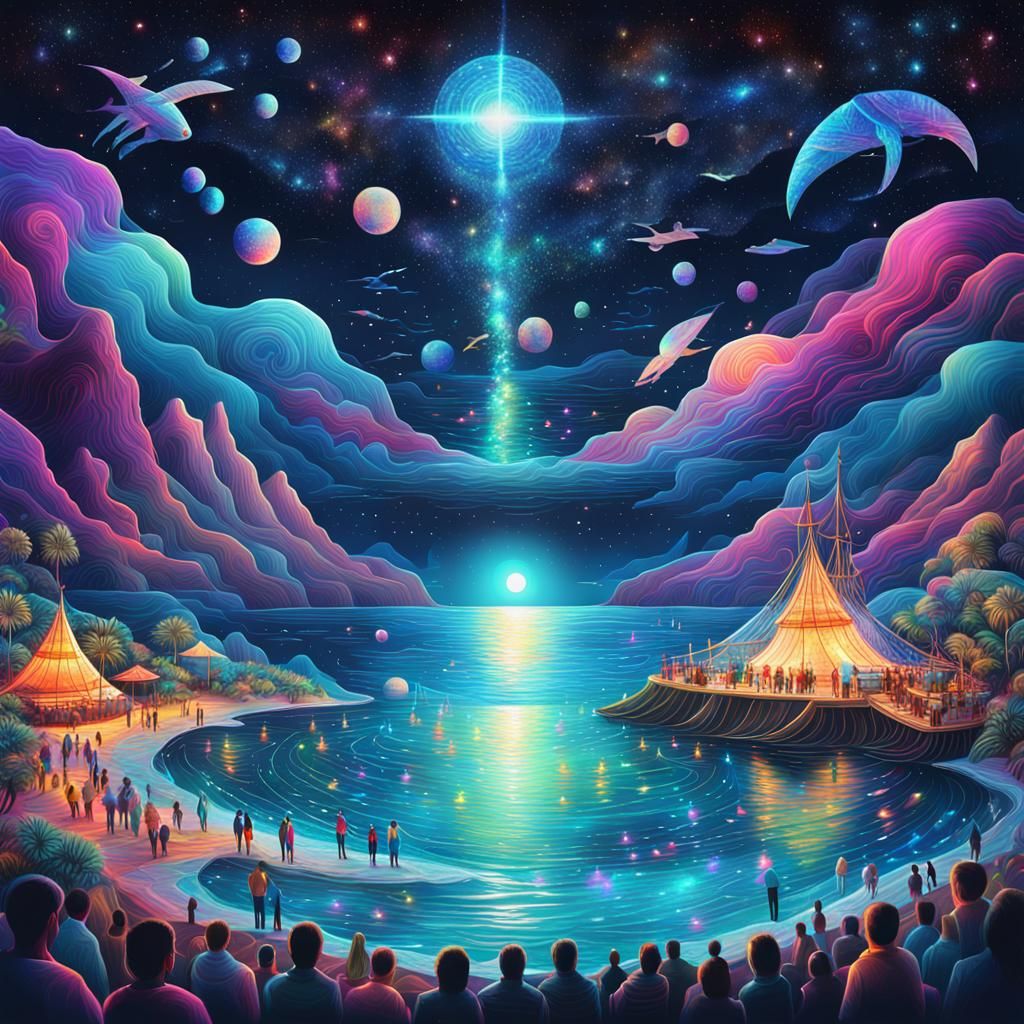 Ocean Festival at Night: Holographic Cosmic Illustration