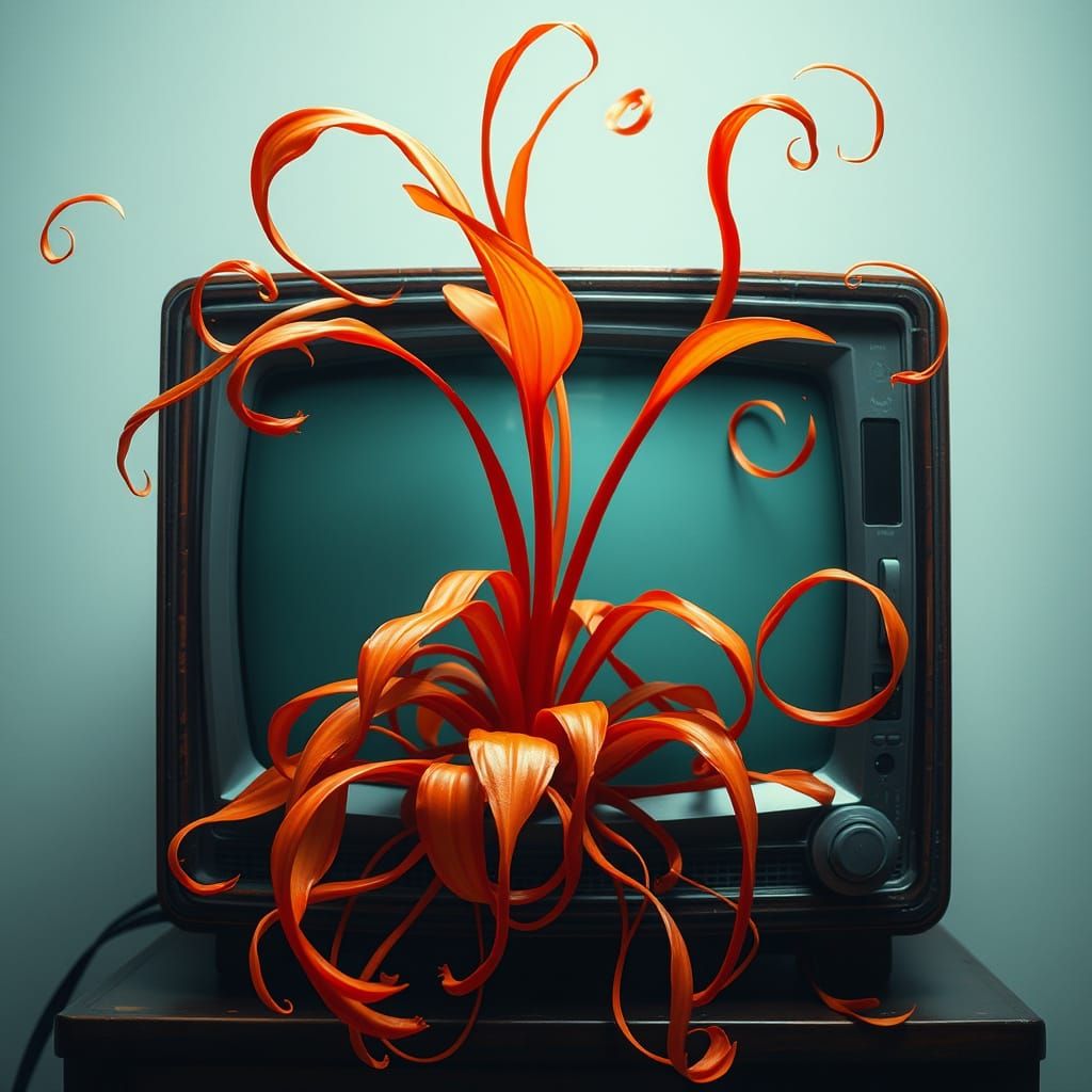 Orange Plant Bursts From Vintage TV Screen