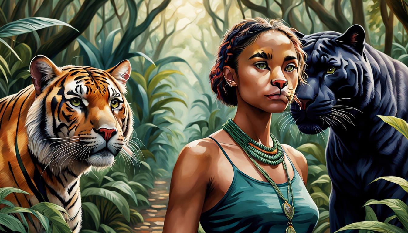 Jungle Woman with Panther and Tiger, Watercolor