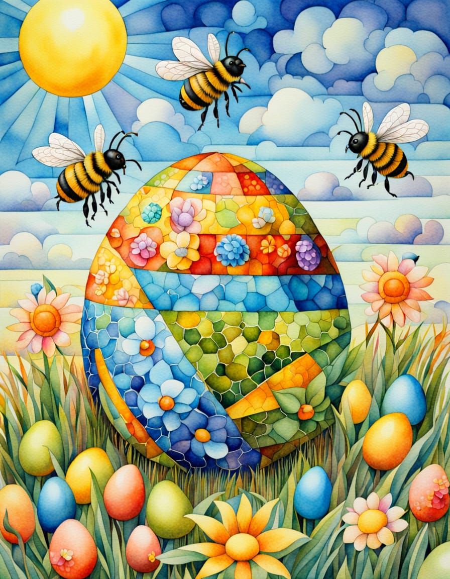 Vibrant Easter Scene in Cubist Watercolor Style