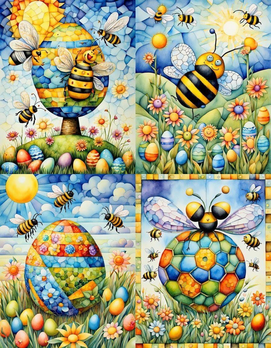 Vibrant Easter Scene in Cubist Watercolor Style