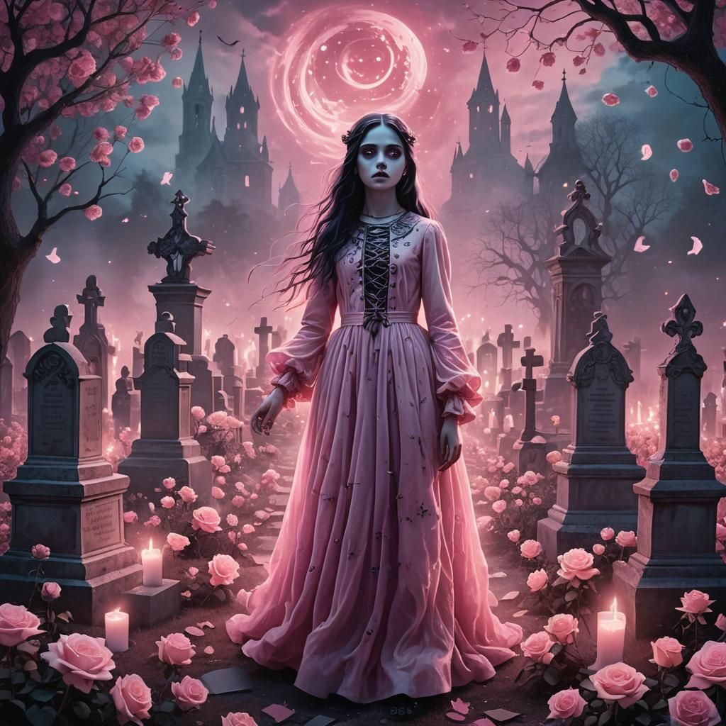 Pink Goth Girl in Graveyard: a Surreal Illustration