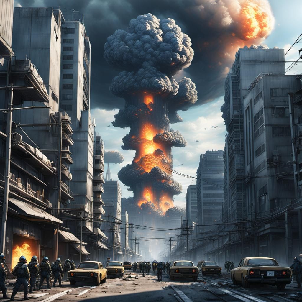 Dystopian City Nuclear Attack Drill in 3D Anime Art