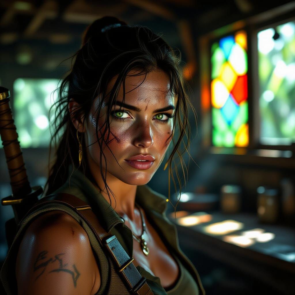 Gritty Treasure Hunter Portrait in Jungle Tavern