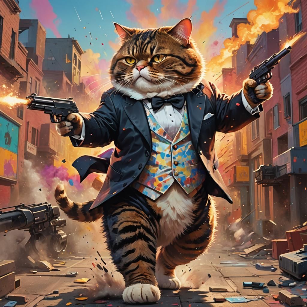 Hyperrealistic Fat Cat Assassin in Vibrant Splash Art Style