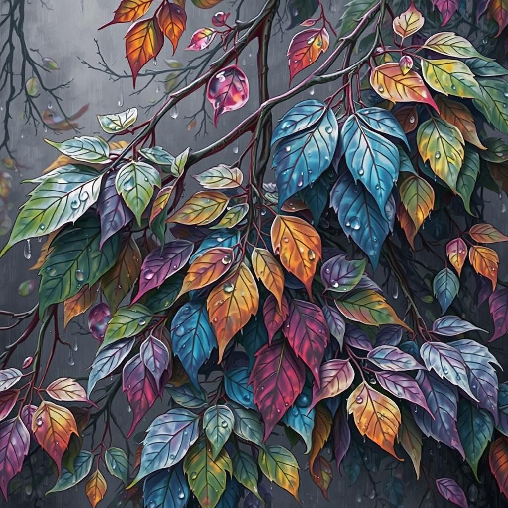 Mystical Grayscale Foliage with Rainbow Dewdrop Jewels