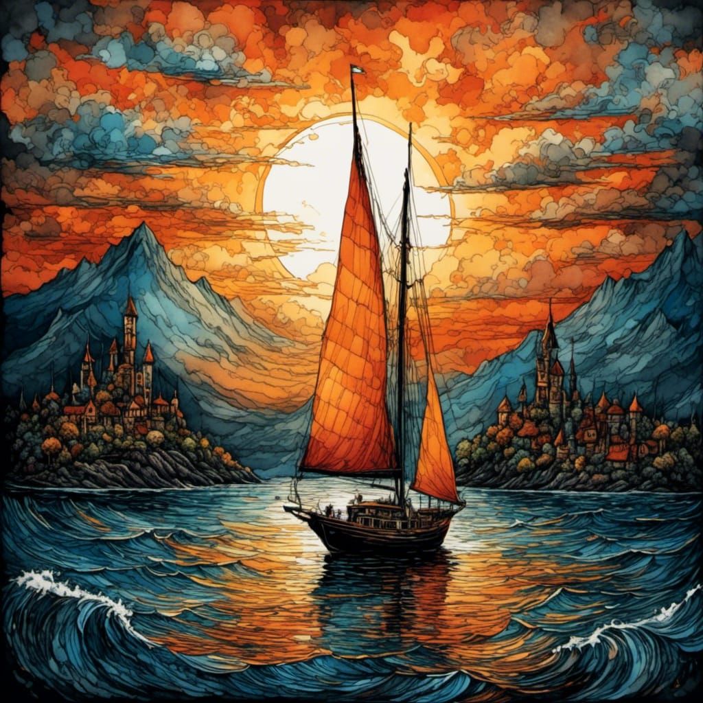 Whimsical Sailboat on Stormy Water in Watercolor Style