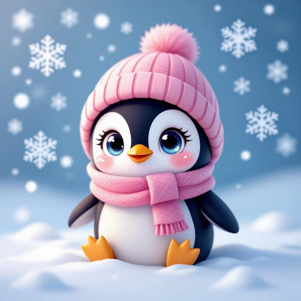 Cute Paper Penguin in Magical Winter Wonderland