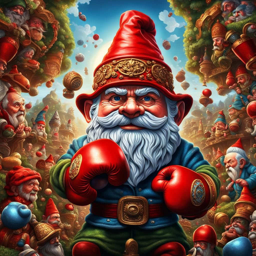 Boxing Garden Gnome in Ornate Embroidered Hat
