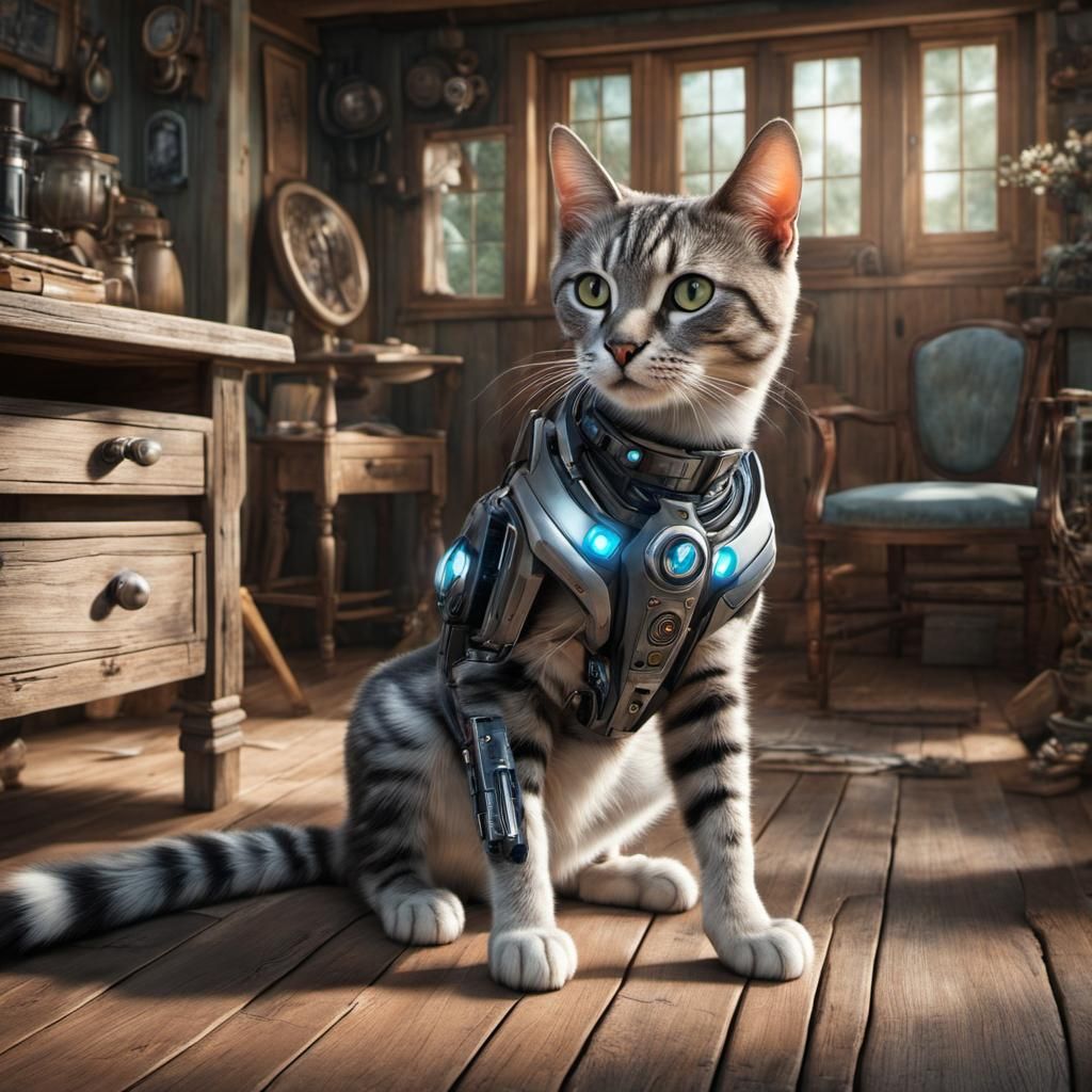 Futuristic Cyborg Cat in Charming Cottage