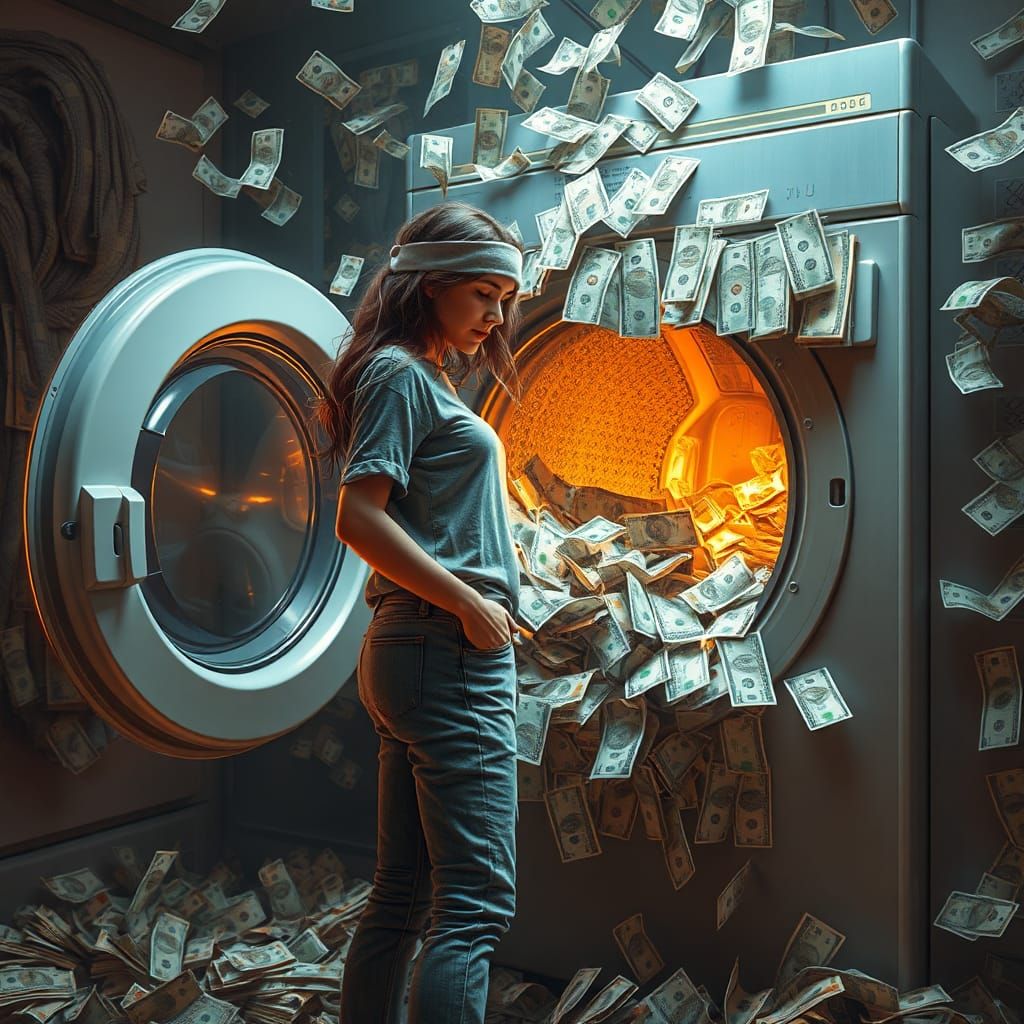 Woman and Overflowing Washing Machine with Money