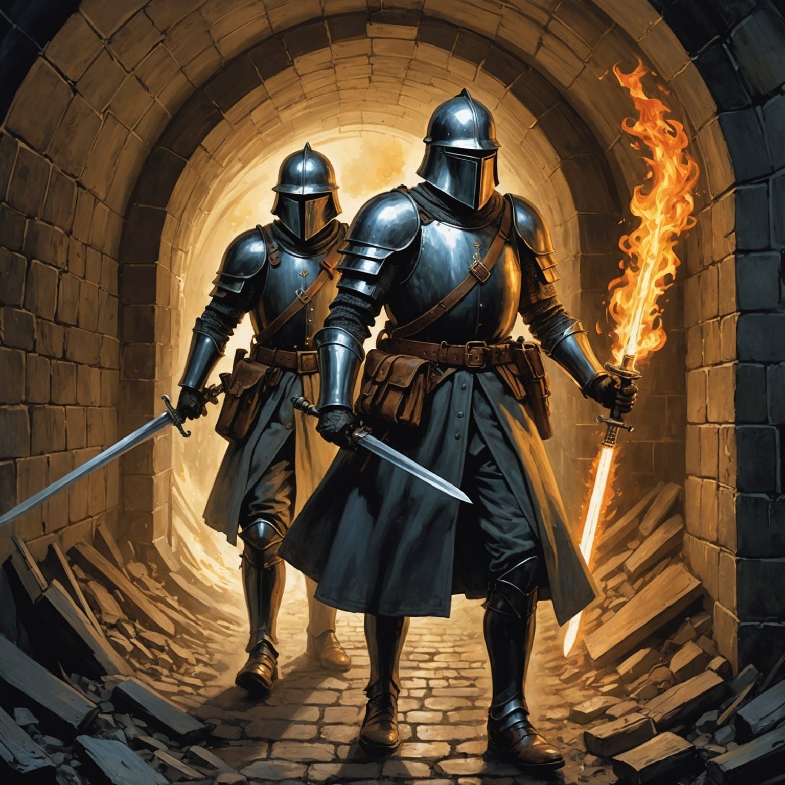 Knights and Soldiers Clash in Tunnel