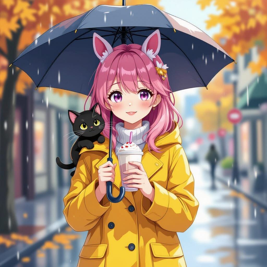 Pink Haired Woman with Horse Ears and Kitten Holding Umbrell...