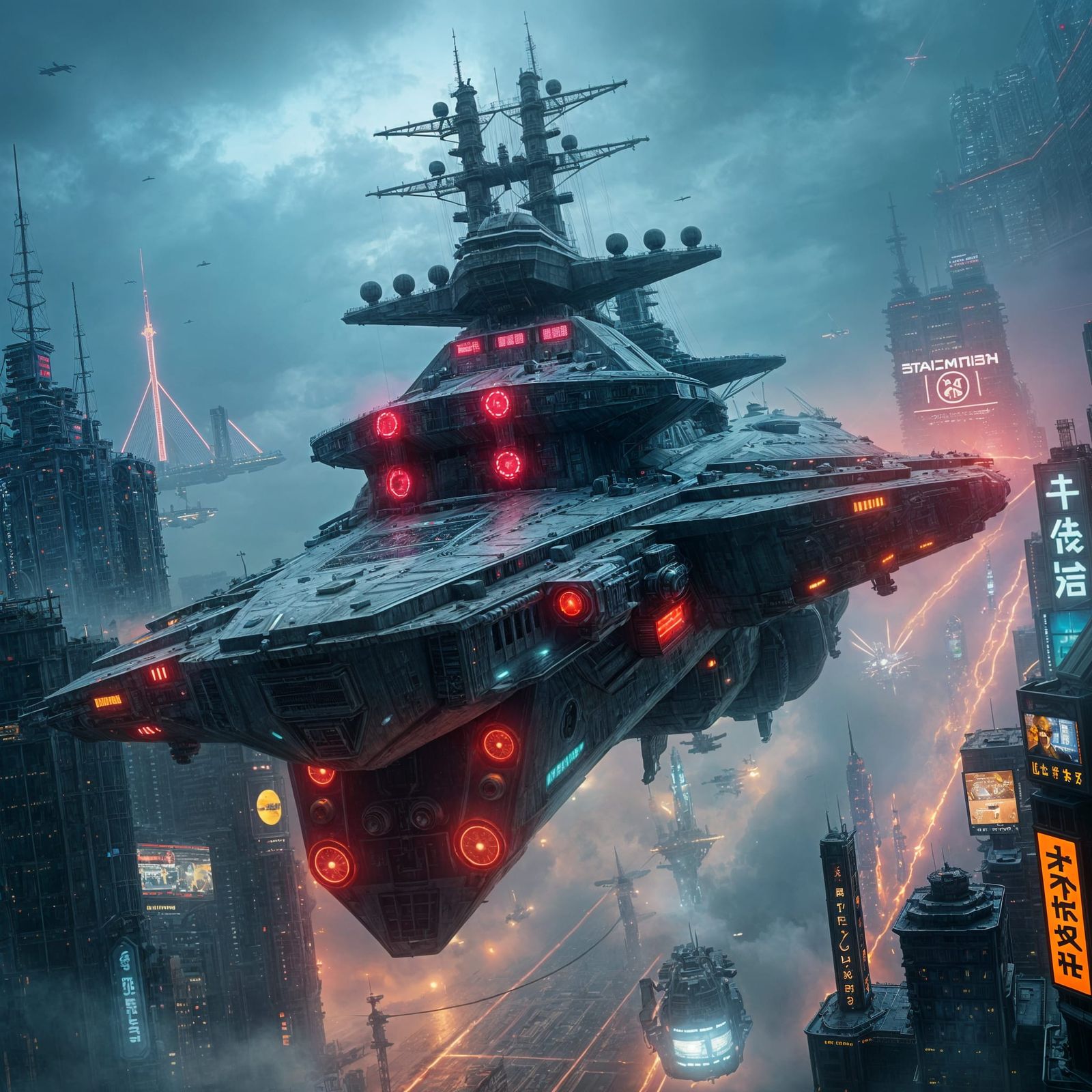 Cyberpunk Flying Airship Amidst Dark Dystopian Cityscape