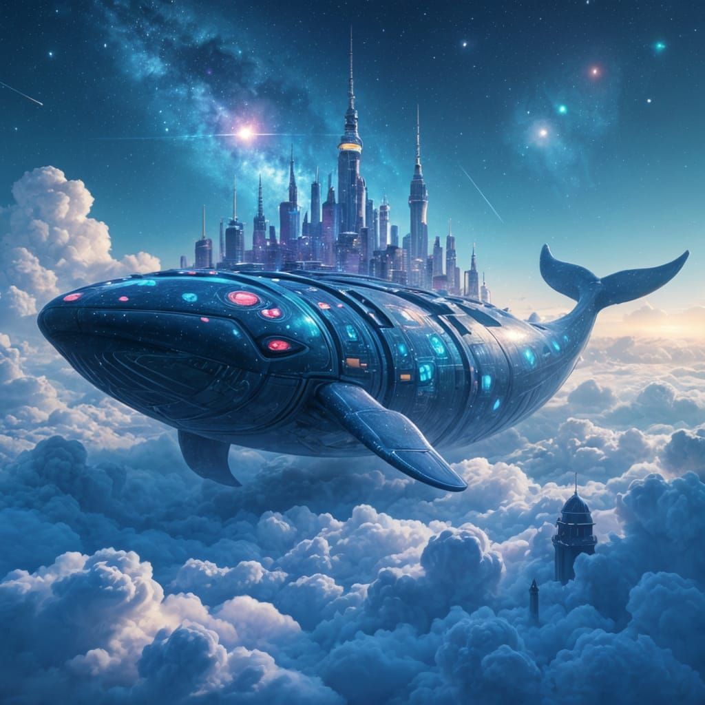 Futuristic City on Celestial Whale in Cosmic Void