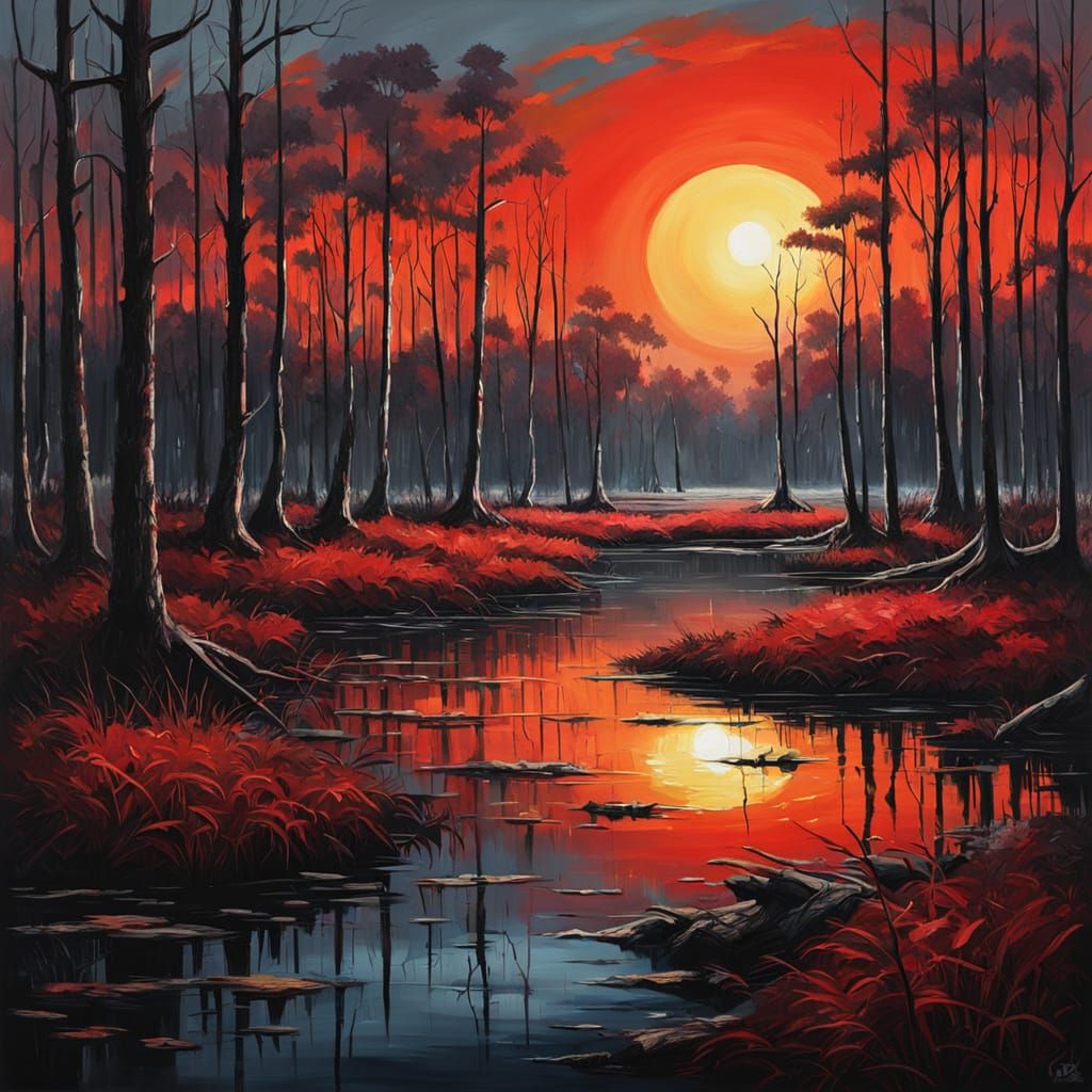 Vibrant Oil Painting of a Dark Swamp at Sunset