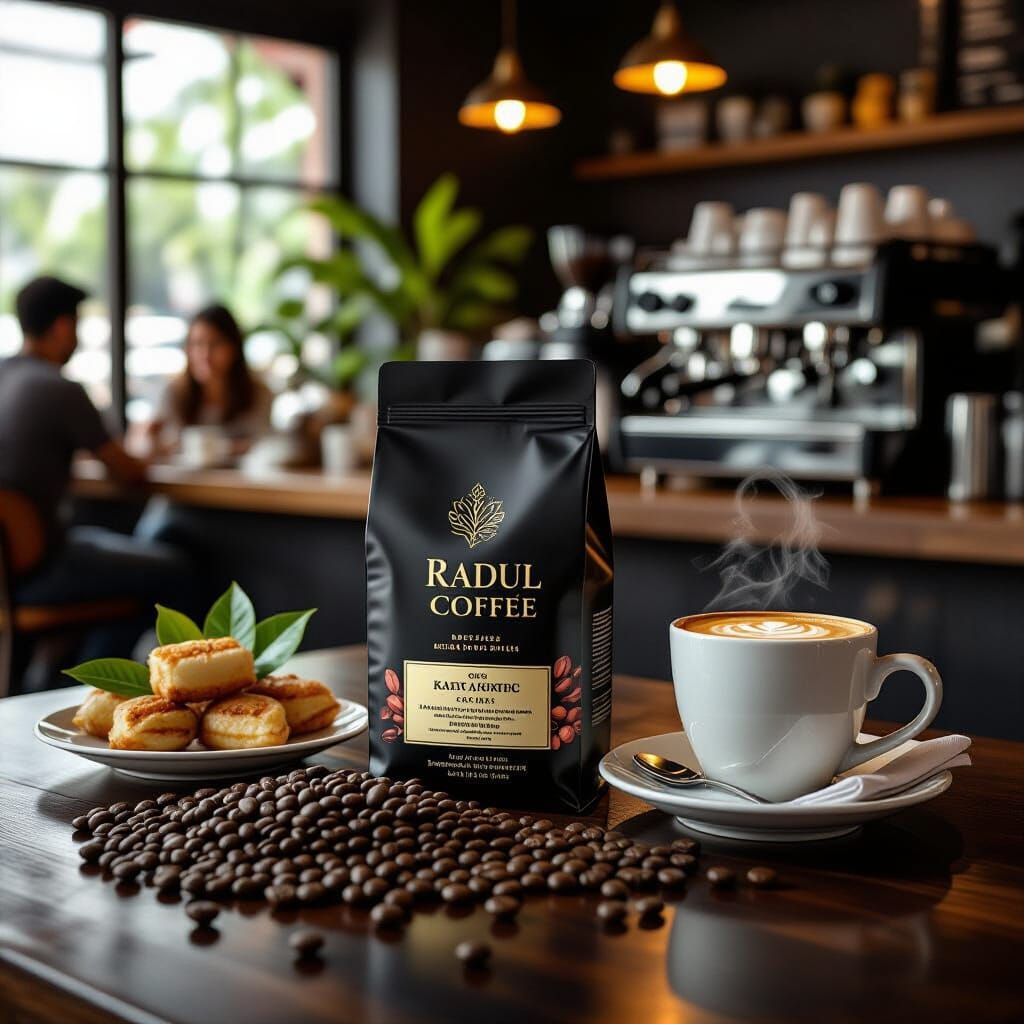 Radul Coffee Beans Product Shot in Cafe Setting
