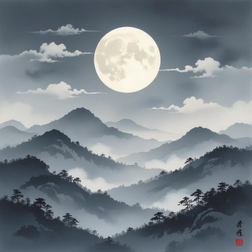 Serene Moonlit Hills in Traditional Chinese Ink Wash Style