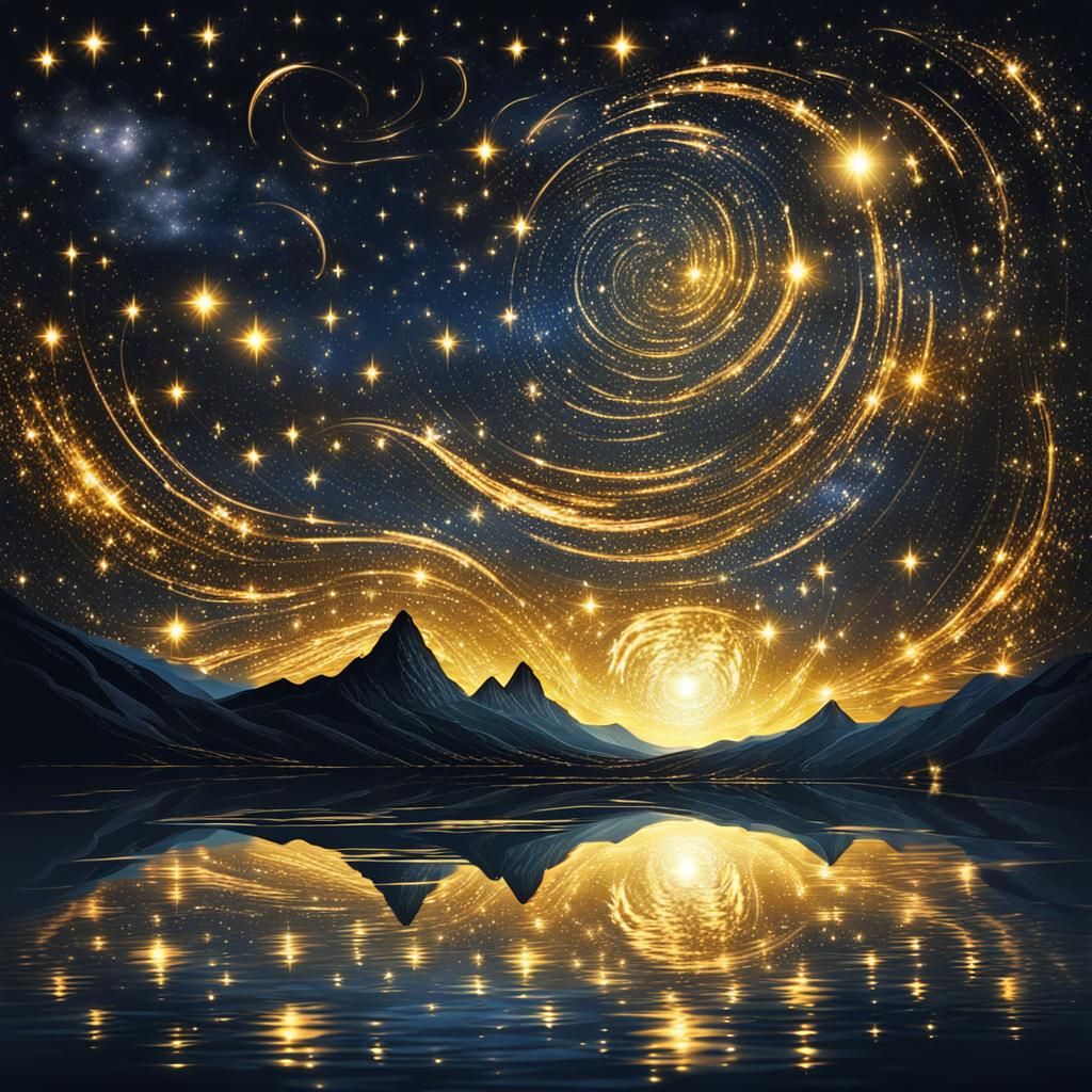 Luminous Starry Night Reflecting on Golden Lake