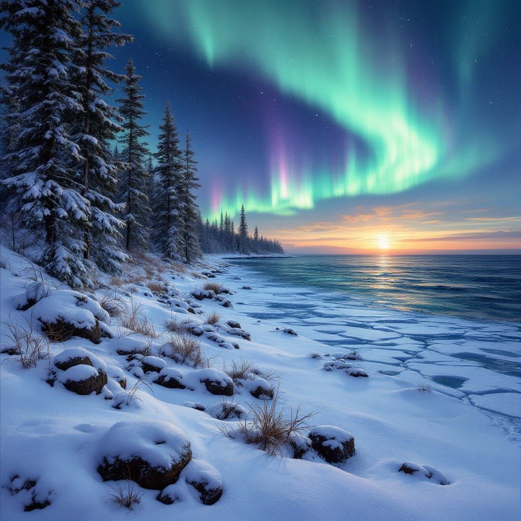 Serene Winter Wonderland under Celestial Aurora