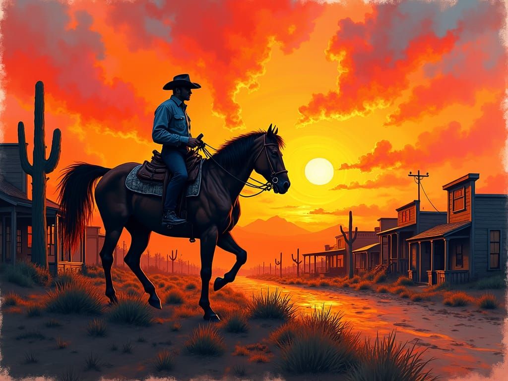 Cowboy on Chestnut Horse in Wild West Sunset