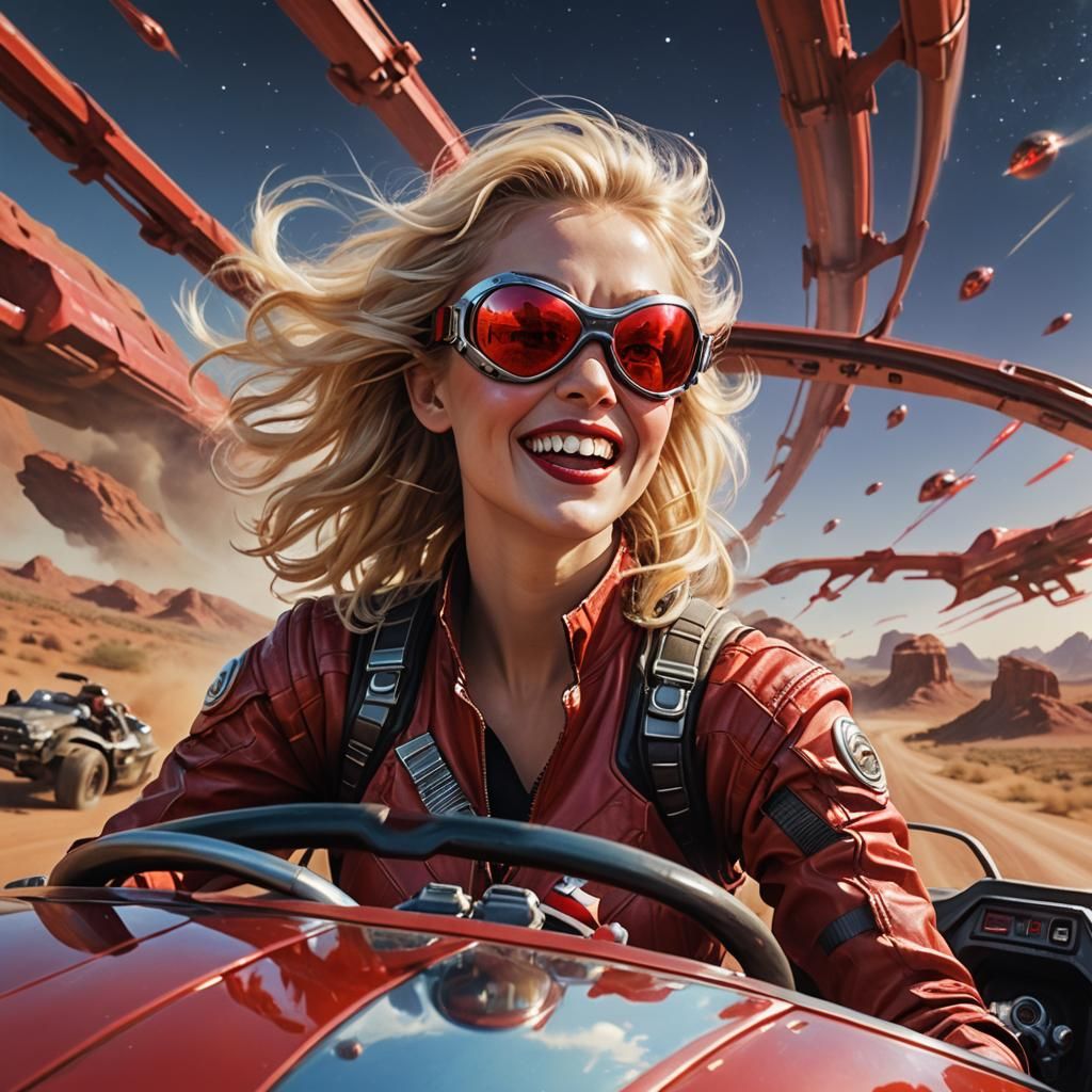 Woman in Red Goggles Driving Speeder: Matte Painting