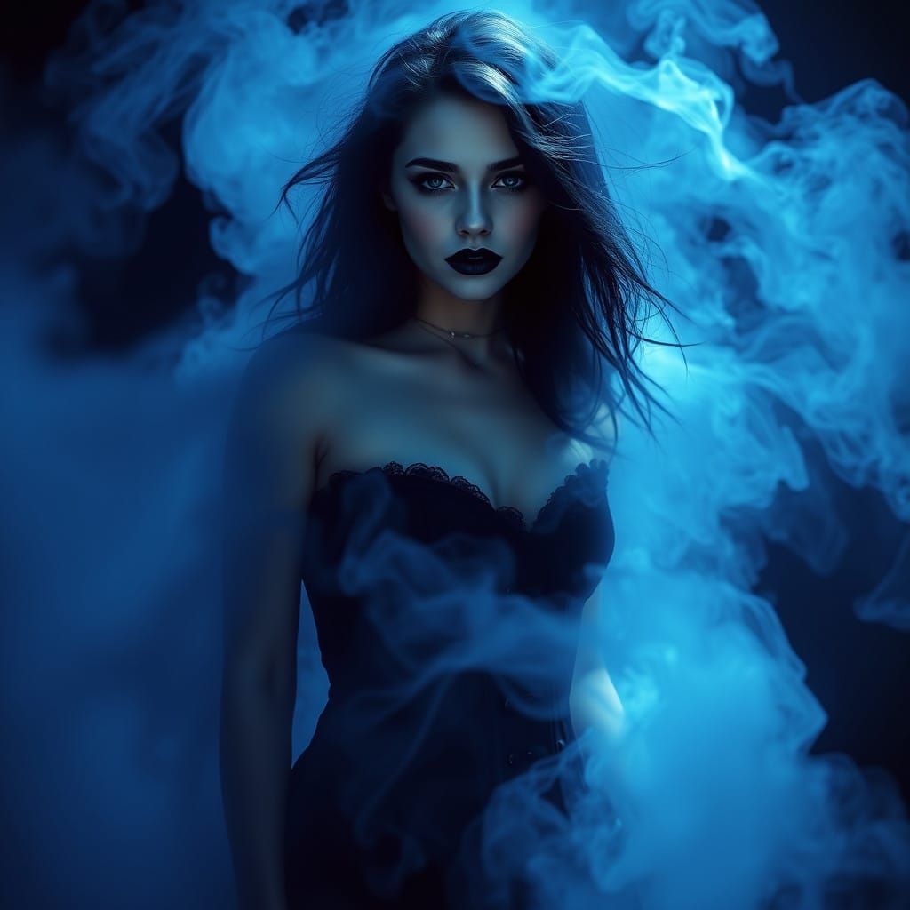 Mysterious Young Woman Enshrouded in a Dark, Dreamlike Fog