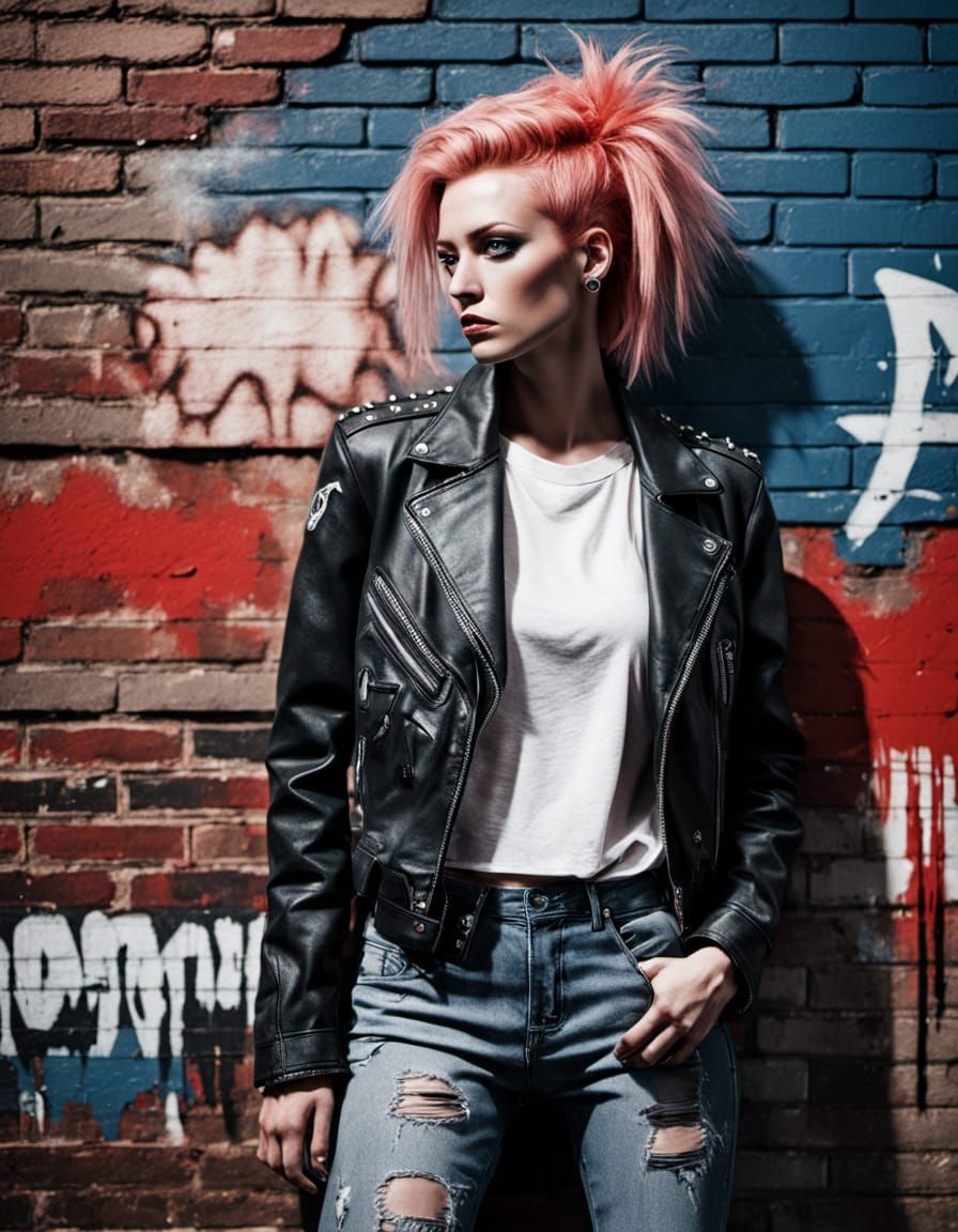 Cyberpunk Woman Against Urban Graffiti