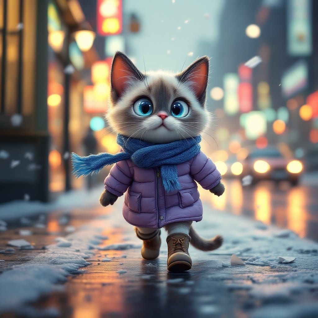 Cartoon Cat Braves the Blustery Winter Commute