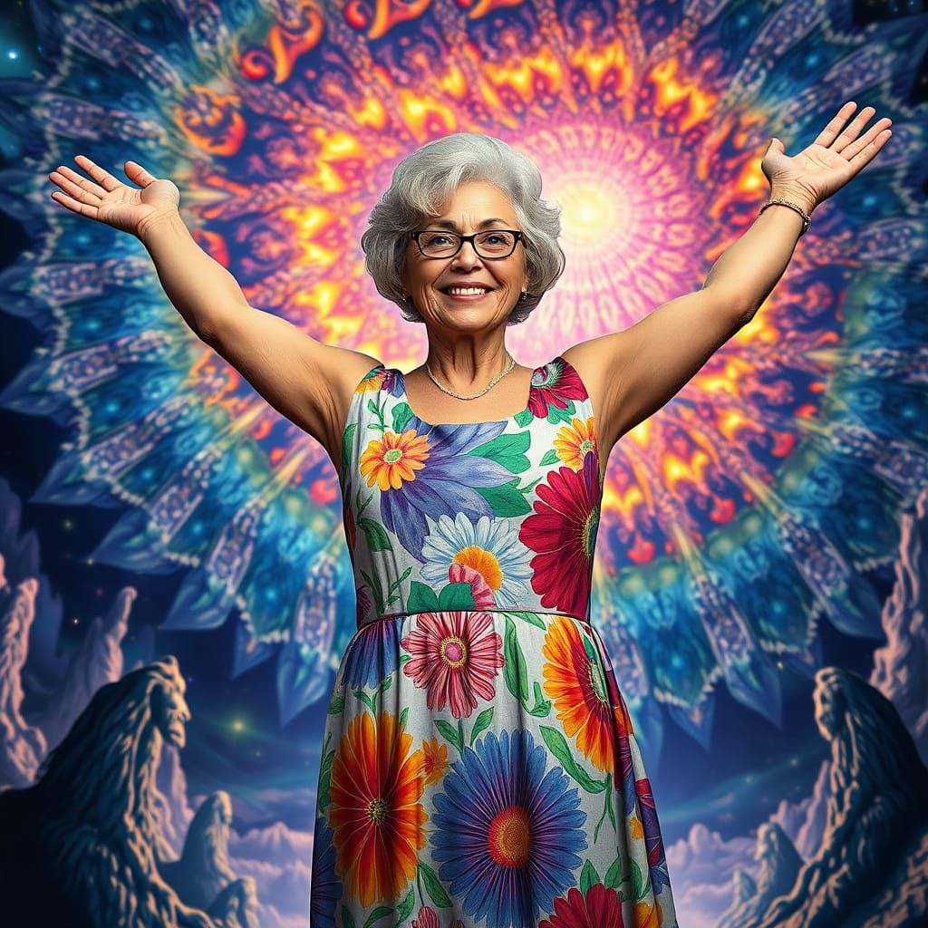 Woman Before Fractal Structure in Psychedelic Style