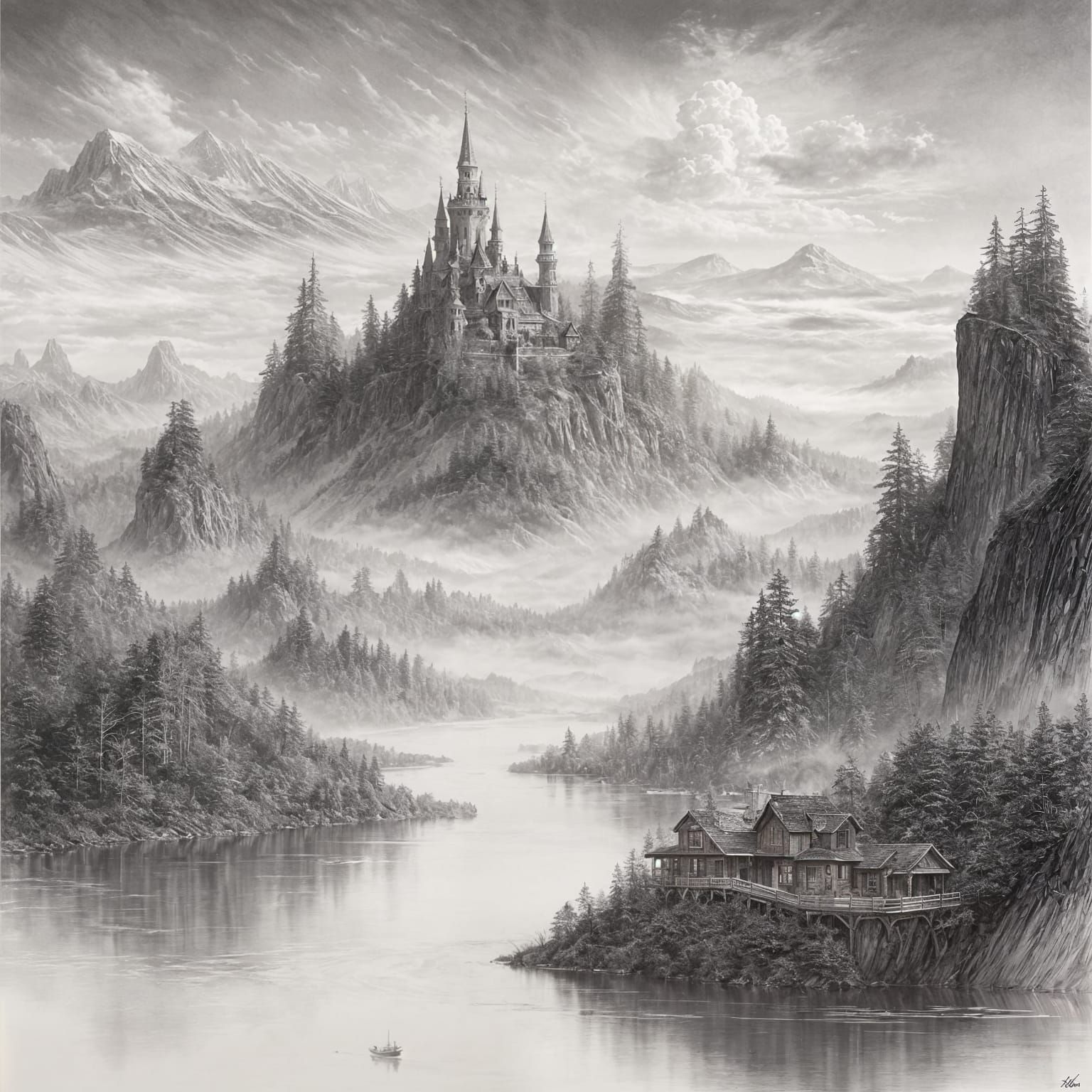 Ethereal Fantasy Landscape Sketch with Floating Islands