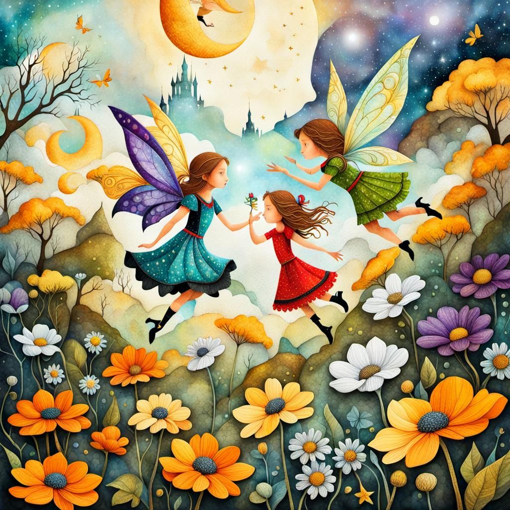 Mystical Moonlit Scene in Vintage Storybook Style