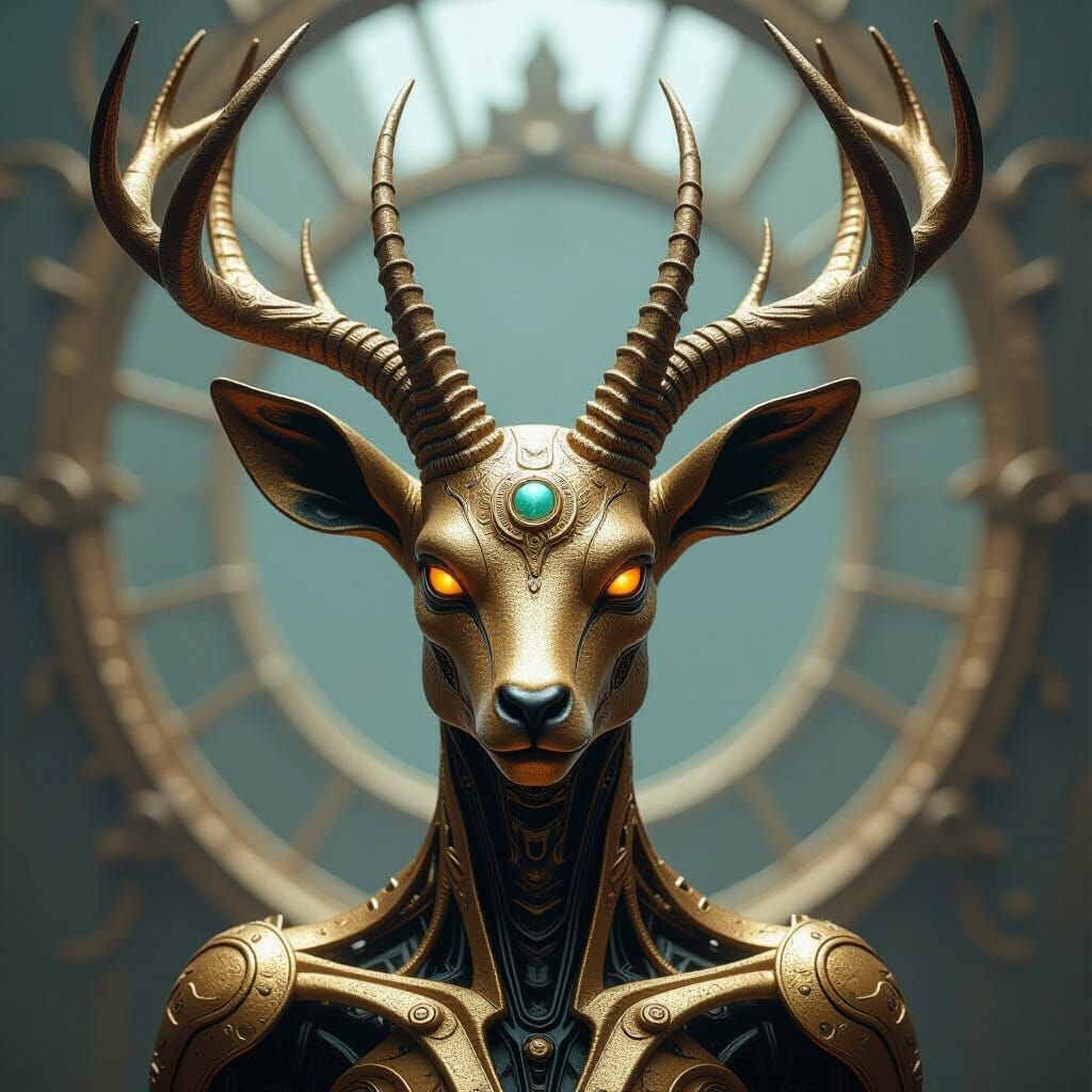 Golden Biomechanical Deer with Alien Features