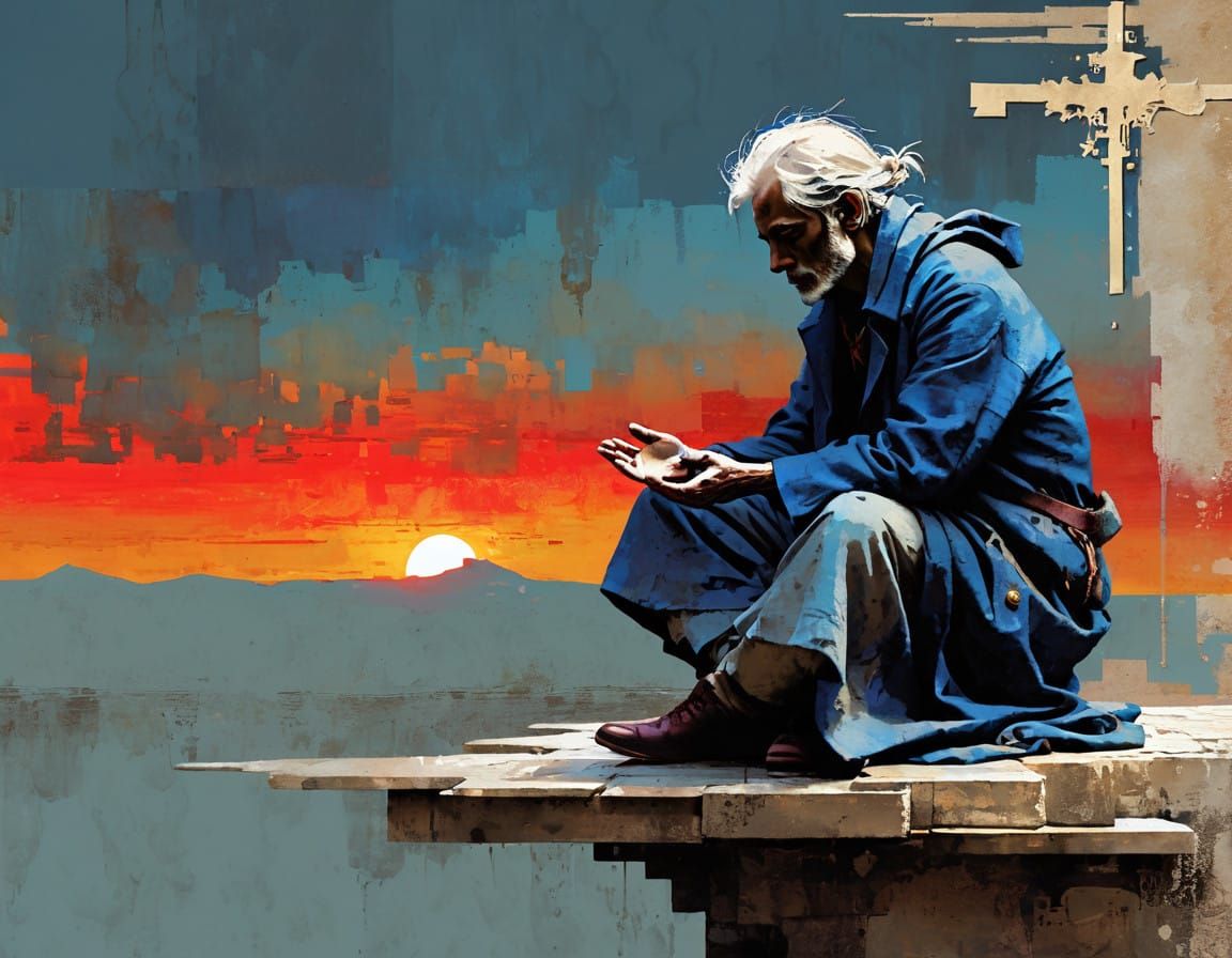 A Lone Wanderer in a Glitchy Sunset Landscape