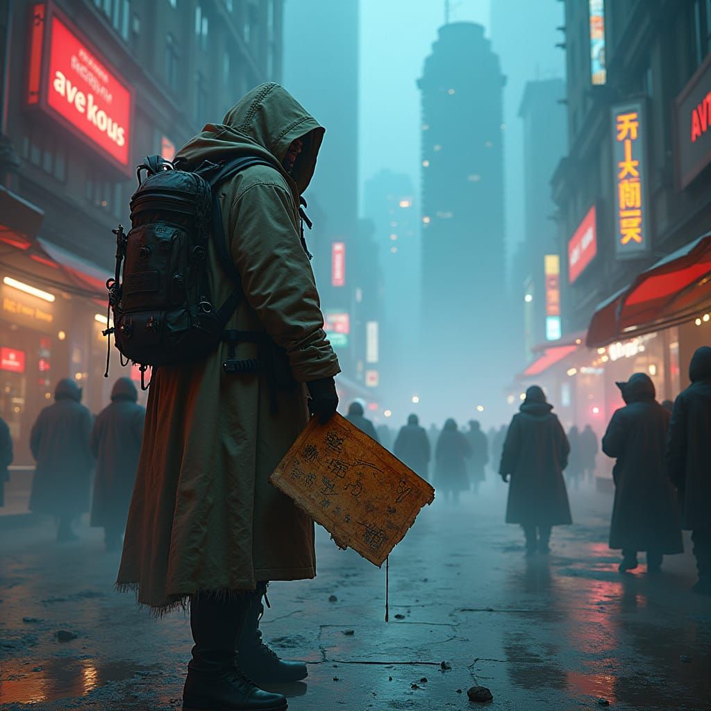 Cyberpunk Navigator in Mist-Shrouded Cityscape