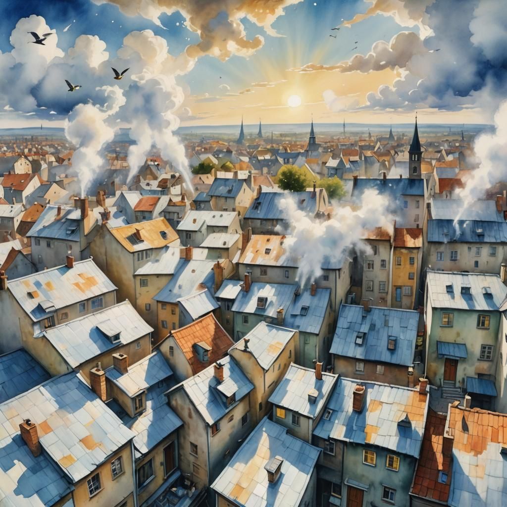 Surreal Cityscape with Milk Rivers in Watercolor Style