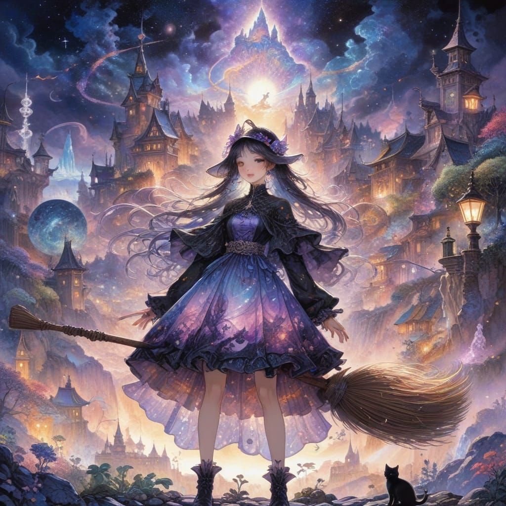 Mystical Witch and Enchanted City at Night in Watercolor Sty...