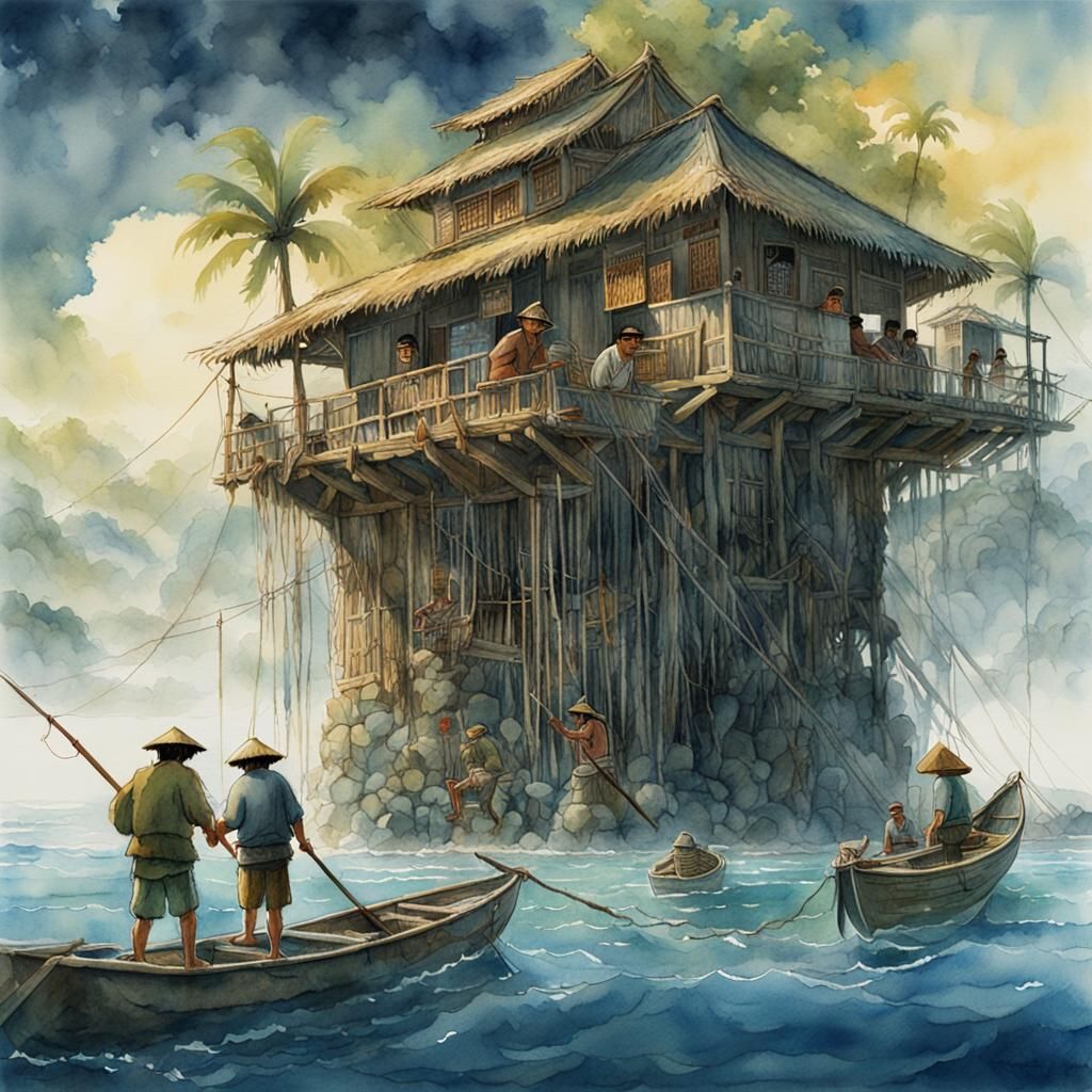 Polynesian Fishermen in Watercolor Style