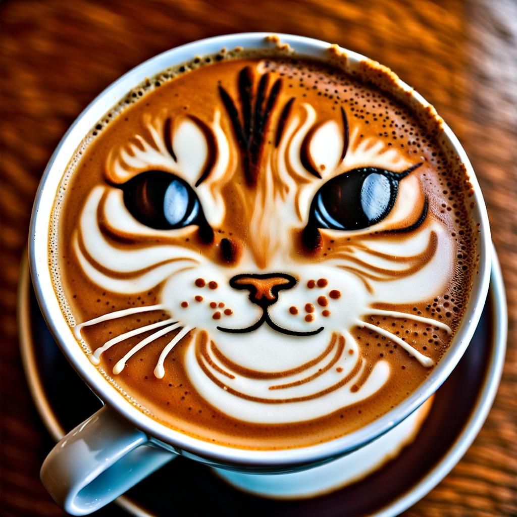Detailed Latte Art Kitten Face by Pablo Amaringo