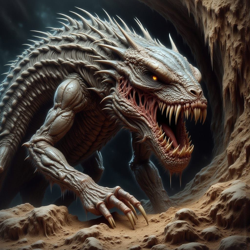 Giant Subterranean Worm Predator in Oil Painting Style