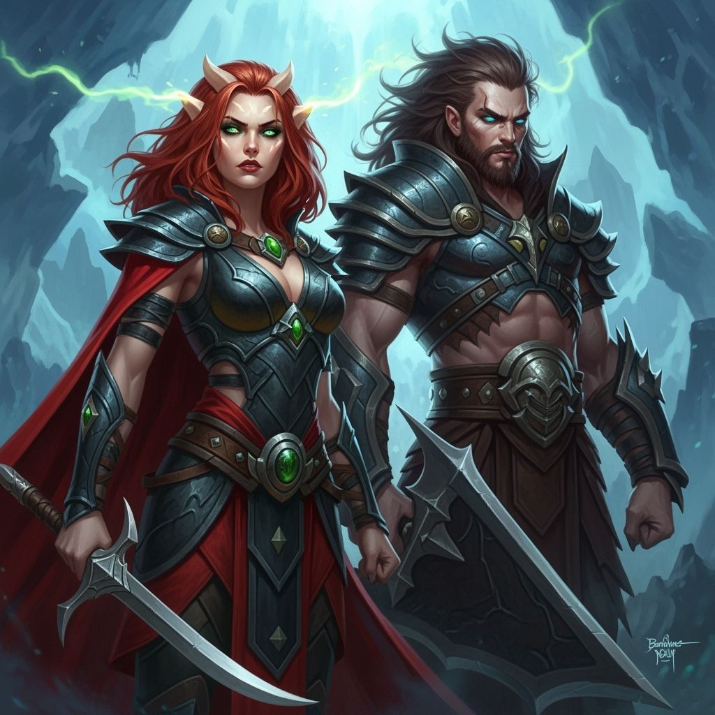 Epic Fantasy Warrior Woman and Guardian in Alien Landscape