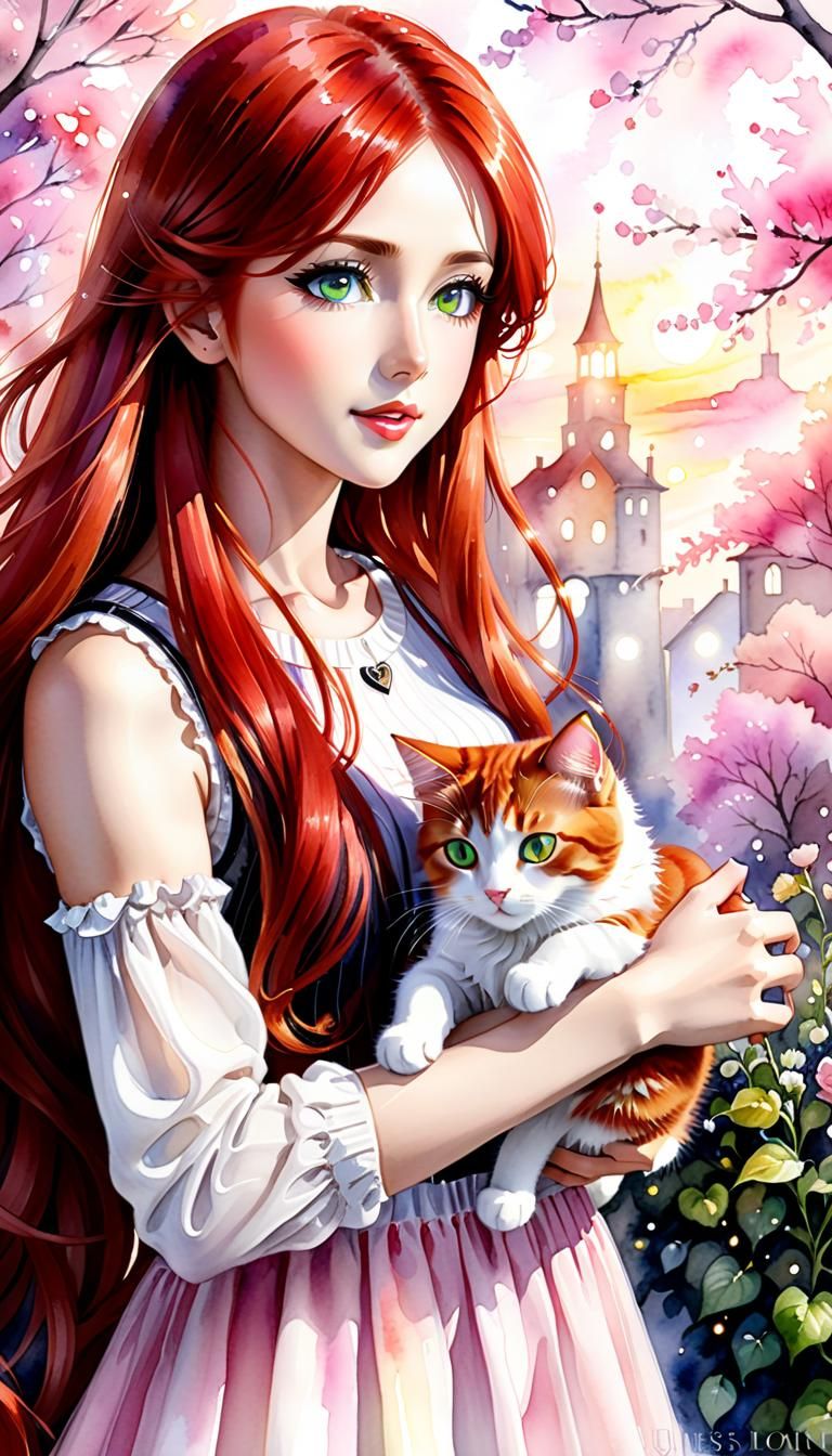 Japanese Woman with Red Hair in Watercolor Style