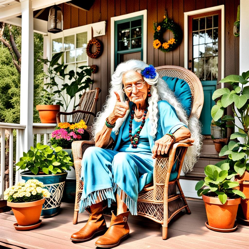 Whimsical Hippie Grandma on Porch, Oil Painting