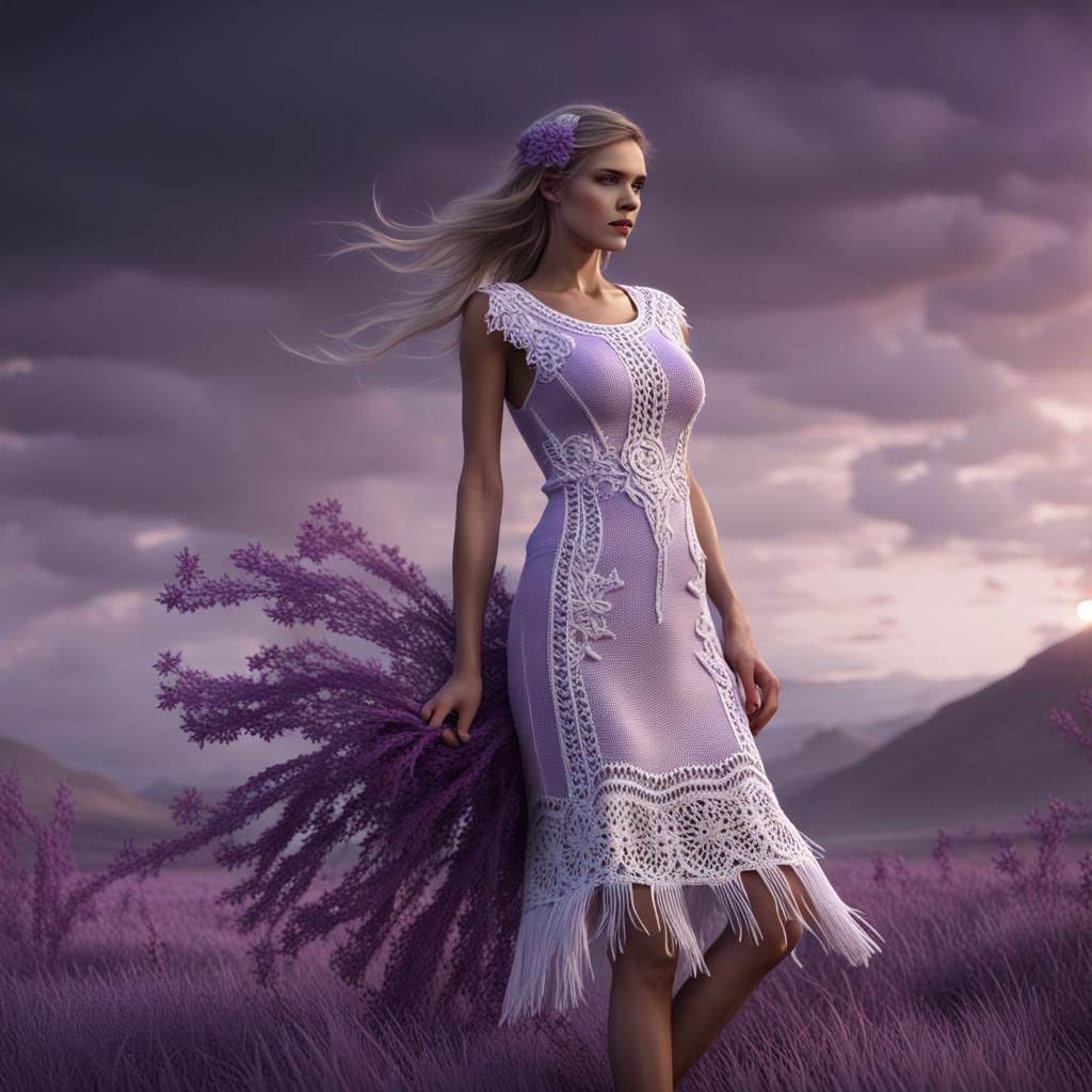 Elegant Knit and Crochet Dress in Lilac and White